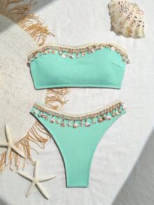 Swim SXY 女士露背镂空后背交叉带贝壳和条纹印花分体式泳衣套装，Springbreak - 薄荷藍 - 查看 8