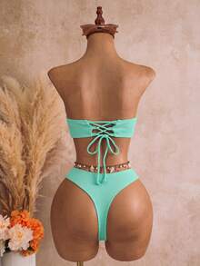 Swim SXY 女士露背镂空后背交叉带贝壳和条纹印花分体式泳衣套装，Springbreak - 薄荷藍 - 查看 7