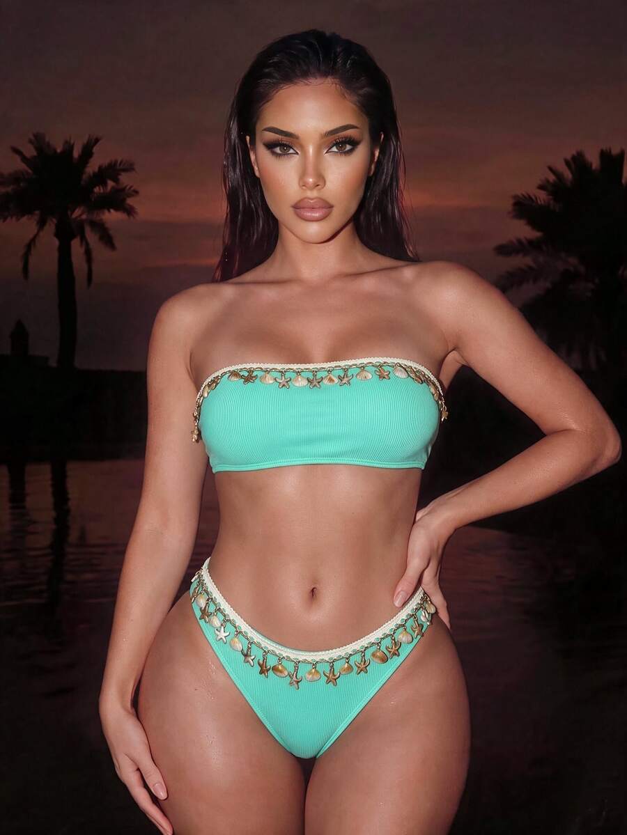Swim SXY 女士露背镂空后背交叉带贝壳和条纹印花分体式泳衣套装，Springbreak