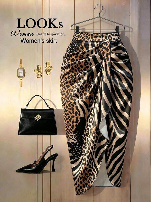 GlowEve CURVE Plus Size Women's Vintage Leopard & Zebra Stripe Satin Pencil Skirt, Elastic High Waist, Midi Length, For Party And Daily Wear Fall