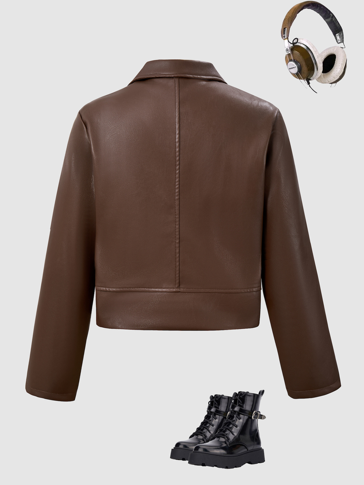 SHEIN Streecool Tween Girl Jacket Autumn Clothing Street Style Cool Girl Kawaii Casual Fashion Solid Color Lapel Long Sleeve Zipper PU Biker Jacket Brown - Brown - View 9