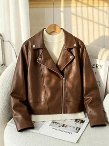 SHEIN Streecool 青少年女孩夾克 秋季服飾 街頭風酷女孩可愛休閒時尚 撞色翻領長袖拉鍊PU機車夾克 棕色 - 棕色 - 查看 6