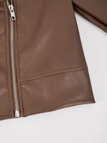 SHEIN Streecool 青少年女孩夾克 秋季服飾 街頭風酷女孩可愛休閒時尚 撞色翻領長袖拉鍊PU機車夾克 棕色 - 棕色 - 查看 5