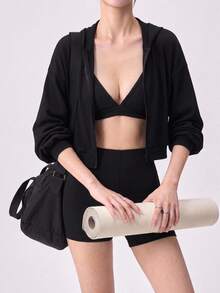 DAZY Women's 3 Pieces Summer Autumn Korean Style V-Neck Camisole, Hooded Long Sleeve Black Sweatshirt Jacket, Shorts Set, Athleisure Sports Outfit Gym - Black - View 11