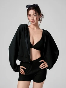 DAZY Women's 3 Pieces Summer Autumn Korean Style V-Neck Camisole, Hooded Long Sleeve Black Sweatshirt Jacket, Shorts Set, Athleisure Sports Outfit Gym - Black - View 17