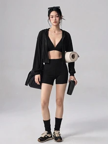 DAZY Women's 3 Pieces Summer Autumn Korean Style V-Neck Camisole, Hooded Long Sleeve Black Sweatshirt Jacket, Shorts Set, Athleisure Sports Outfit Gym - Black - View 12