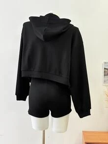 DAZY Women's 3 Pieces Summer Autumn Korean Style V-Neck Camisole, Hooded Long Sleeve Black Sweatshirt Jacket, Shorts Set, Athleisure Sports Outfit Gym - Black - View 14