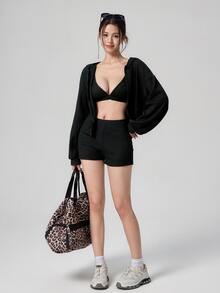 DAZY Women's 3 Pieces Summer Autumn Korean Style V-Neck Camisole, Hooded Long Sleeve Black Sweatshirt Jacket, Shorts Set, Athleisure Sports Outfit Gym - Black - View 2