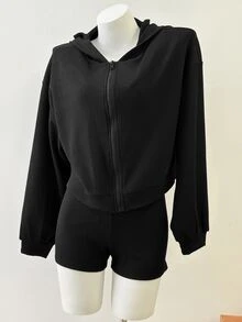 DAZY Women's 3 Pieces Summer Autumn Korean Style V-Neck Camisole, Hooded Long Sleeve Black Sweatshirt Jacket, Shorts Set, Athleisure Sports Outfit Gym - Black - View 15