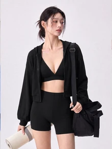 DAZY Women's 3 Pieces Summer Autumn Korean Style V-Neck Camisole, Hooded Long Sleeve Black Sweatshirt Jacket, Shorts Set, Athleisure Sports Outfit Gym - Black - View 9