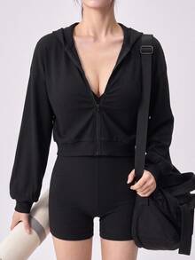DAZY Women's 3 Pieces Summer Autumn Korean Style V-Neck Camisole, Hooded Long Sleeve Black Sweatshirt Jacket, Shorts Set, Athleisure Sports Outfit Gym - Black - View 3