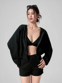 DAZY Women's 3 Pieces Summer Autumn Korean Style V-Neck Camisole, Hooded Long Sleeve Black Sweatshirt Jacket, Shorts Set, Athleisure Sports Outfit Gym - Black - View 4