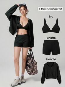 DAZY Women's 3 Pieces Summer Autumn Korean Style V-Neck Camisole, Hooded Long Sleeve Black Sweatshirt Jacket, Shorts Set, Athleisure Sports Outfit Gym - Black - View 1