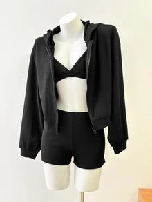DAZY Women's 3 Pieces Summer Autumn Korean Style V-Neck Camisole, Hooded Long Sleeve Black Sweatshirt Jacket, Shorts Set, Athleisure Sports Outfit Gym - Black - View 5