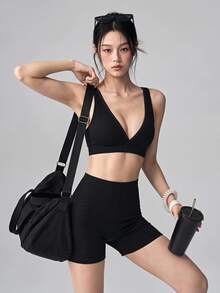 DAZY Women's 3 Pieces Summer Autumn Korean Style V-Neck Camisole, Hooded Long Sleeve Black Sweatshirt Jacket, Shorts Set, Athleisure Sports Outfit Gym - Black - View 8