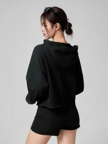 DAZY Women's 3 Pieces Summer Autumn Korean Style V-Neck Camisole, Hooded Long Sleeve Black Sweatshirt Jacket, Shorts Set, Athleisure Sports Outfit Gym - Black - View 7
