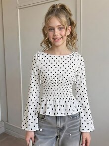 Tween Girl Autumn Polka Dot Pattern Waist Shirred Blouse - White - View 1