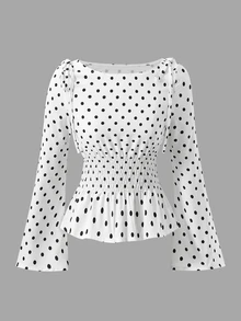 Tween Girl Autumn Polka Dot Pattern Waist Shirred Blouse - White - View 2