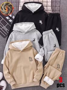 SHEIN 3件組買2送1兒童青少年男孩休閒百搭保暖內裡加厚連帽衛衣，黑色連帽衛衣、卡其色連帽衛衣、灰色連帽衛衣，百搭上衣，適合秋冬、學校、運動、秋季穿搭、冬季穿搭 - 彩色 - 查看 4