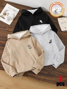 SHEIN 3件組買2送1兒童青少年男孩休閒百搭保暖內裡加厚連帽衛衣，黑色連帽衛衣、卡其色連帽衛衣、灰色連帽衛衣，百搭上衣，適合秋冬、學校、運動、秋季穿搭、冬季穿搭 - 彩色 - 查看 5
