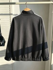 SHEIN 女款新中式青蛙扣麂皮夾克，春秋復古立領條紋側拼色寬鬆休閒國潮運動短版夾克上衣 - 灰色 - 查看 7