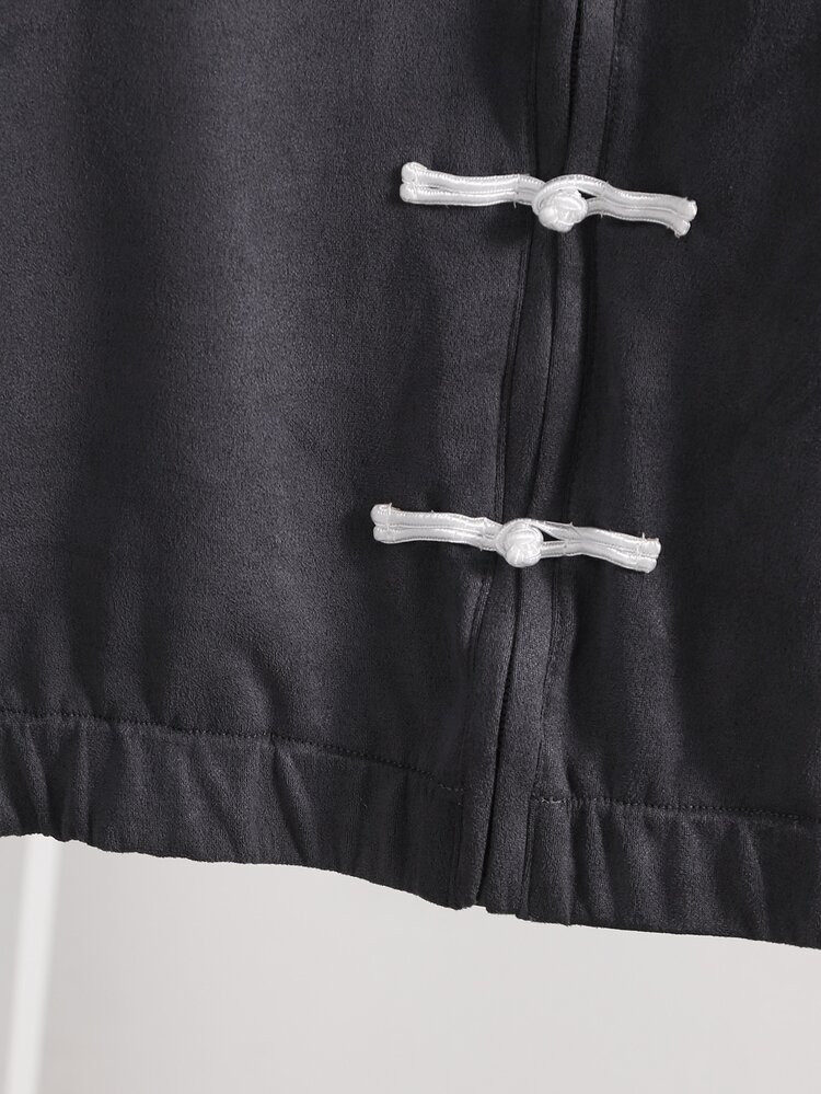 SHEIN Girls' New Chinese Style Frog Button Suede Jacket, Spring/Autumn Vintage Stand Collar Striped Side Colorblock Loose Casual National Tide Sporty Short Jacket Top - Grey - View 4