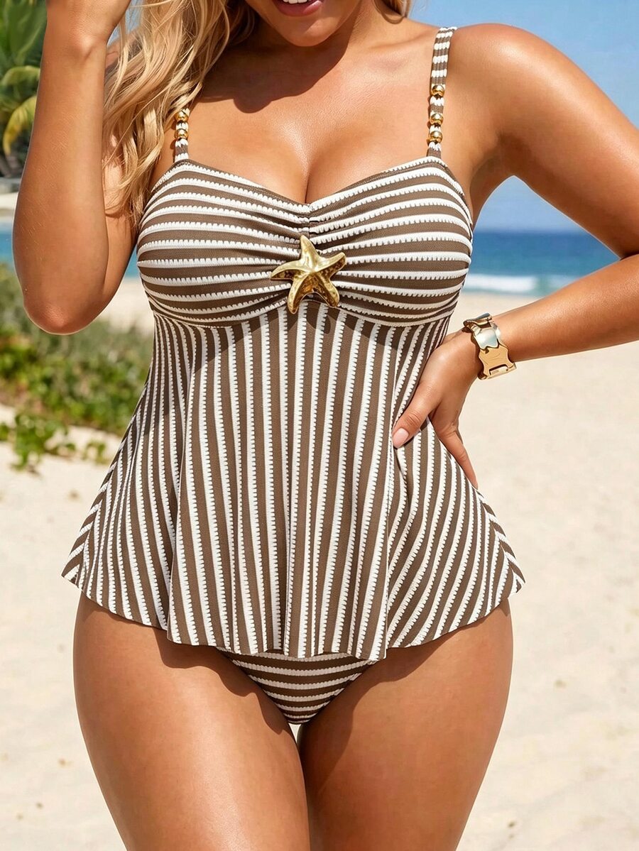 Swim Lushoire 2026 New Metal Decor Ruched Front Tummy Control Plus Size Spaghetti Strap Beach Swimsuit For Women - Multicolor - View 1