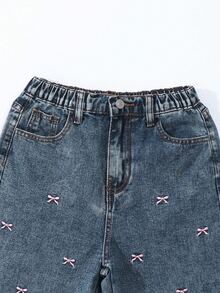 SHEIN ChillGRL Teen Girl Casual Embroidered Bow Wide Leg Aesthetic Jeans Fall Winter - Blue - View 3