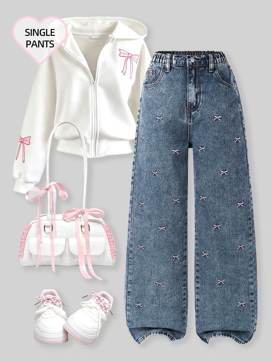 SHEIN ChillGRL Teen Girl Casual Embroidered Bow Wide Leg Aesthetic Jeans Fall Winter - Blue - View 1