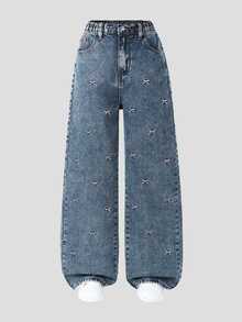SHEIN ChillGRL Teen Girl Casual Embroidered Bow Wide Leg Aesthetic Jeans Fall Winter - Blue - View 4