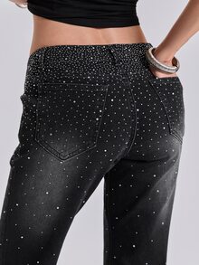 ACID BLVD Summer Autumn Winter Spring Y2K Rock Gradient Rhinestone Embellished Slim Straight Leg Jeans - Black - View 2