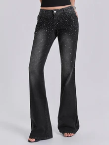 ACID BLVD Summer Autumn Winter Spring Y2K Rock Gradient Rhinestone Embellished Slim Straight Leg Jeans - Black - View 6