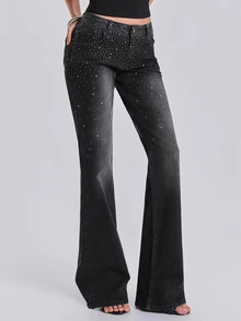 ACID BLVD Summer Autumn Winter Spring Y2K Rock Gradient Rhinestone Embellished Slim Straight Leg Jeans - Black - View 4