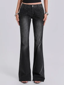 ACID BLVD Summer Autumn Winter Spring Y2K Rock Gradient Rhinestone Embellished Slim Straight Leg Jeans - Black - View 1
