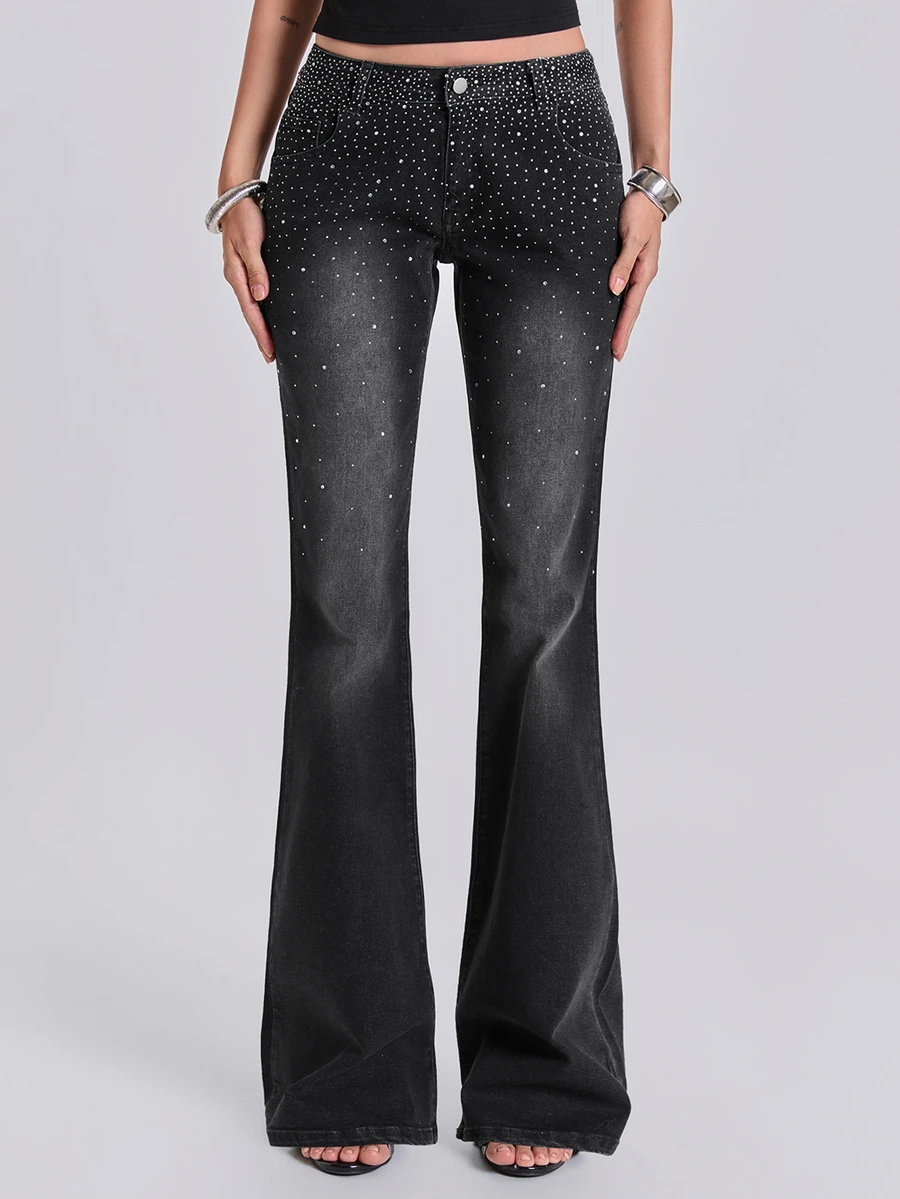ACID BLVD Summer Autumn Winter Spring Y2K Rock Gradient Rhinestone Embellished Slim Straight Leg Jeans - Black - View 1