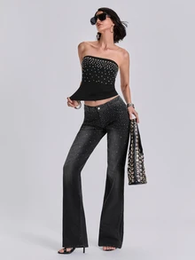 ACID BLVD Summer Autumn Winter Spring Y2K Rock Gradient Rhinestone Embellished Slim Straight Leg Jeans - Black - View 3
