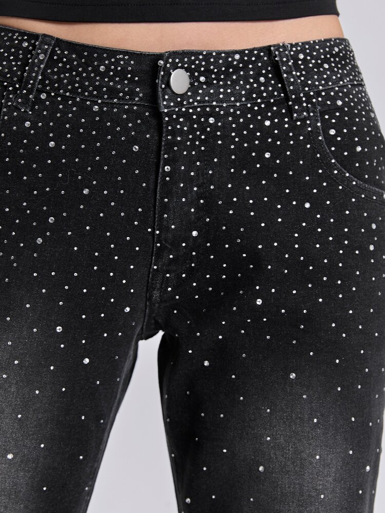 ACID BLVD Summer Autumn Winter Spring Y2K Rock Gradient Rhinestone Embellished Slim Straight Leg Jeans - Black - View 7