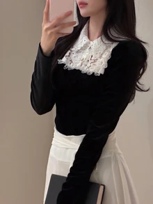 DAZY Patchwork Contrast Color 2 In 1 Velvet Top With Lace Trim, Fitted Collar, Long Sleeve, Elegant Formal Spring/Autumn Women's T-Shirt - Black - View 2