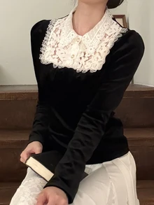 DAZY Patchwork Contrast Color 2 In 1 Velvet Top With Lace Trim, Fitted Collar, Long Sleeve, Elegant Formal Spring/Autumn Women's T-Shirt - Black - View 5