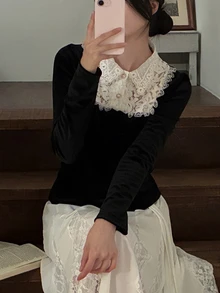 DAZY Patchwork Contrast Color 2 In 1 Velvet Top With Lace Trim, Fitted Collar, Long Sleeve, Elegant Formal Spring/Autumn Women's T-Shirt - Black - View 7
