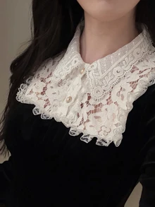 DAZY Patchwork Contrast Color 2 In 1 Velvet Top With Lace Trim, Fitted Collar, Long Sleeve, Elegant Formal Spring/Autumn Women's T-Shirt - Black - View 1