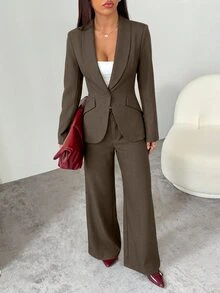 SHEIN PETITE 適合秋冬通勤：咖啡棕單排扣西裝外套搭配長褲，打造專業通勤造型 - 咖啡棕 - 查看 5