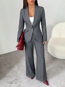 SHEIN PETITE 秋冬通勤深灰色單扣西裝外套配套長褲 - 深灰色 - 查看 5