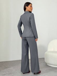 SHEIN PETITE 秋冬通勤深灰色單扣西裝外套配套長褲 - 深灰色 - 查看 4