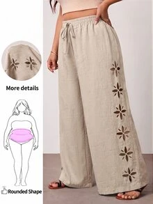 Enliva Plus Size Women's Solid Color Hollow Out Long Pants, Casual Vacation Style, Apricot, Winter/Spring - Apricot - View 1
