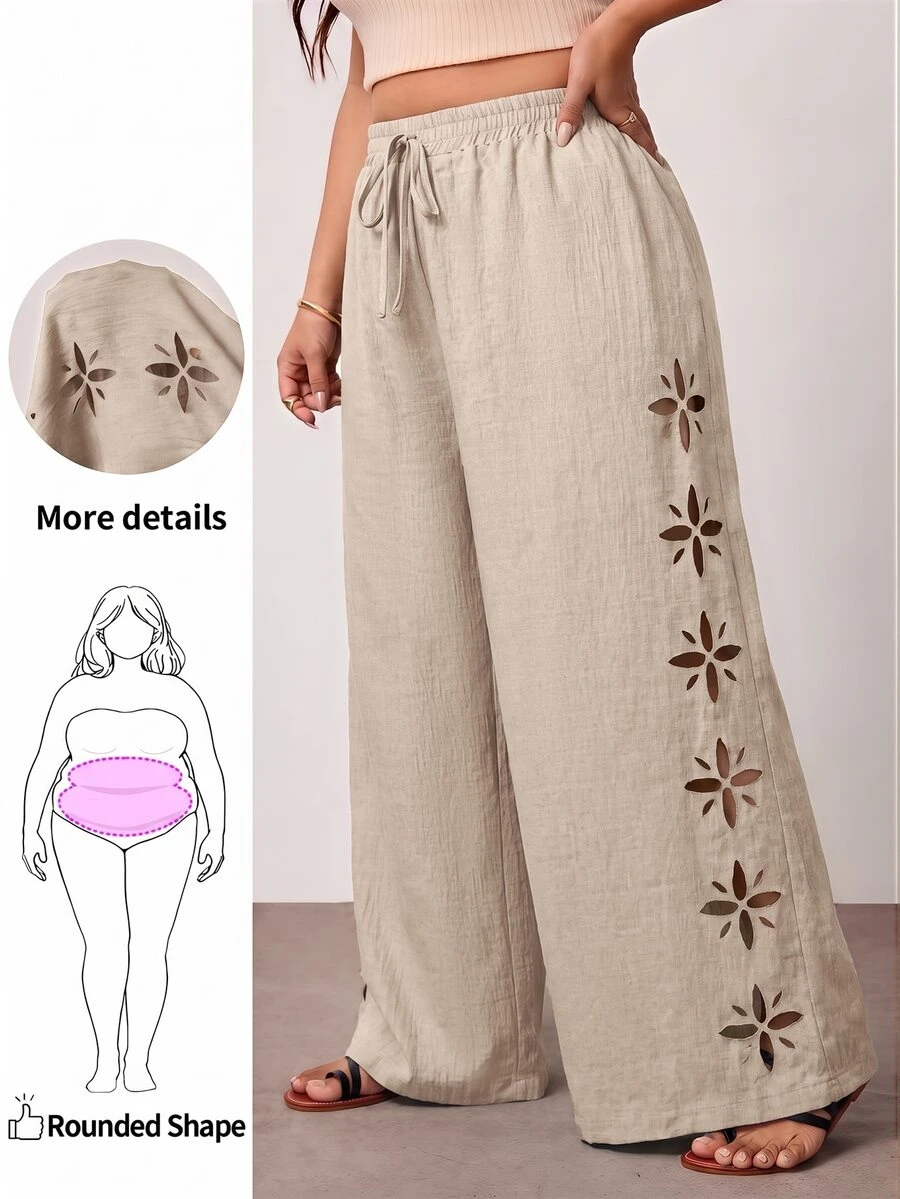 Enliva Plus Size Women's Solid Color Hollow Out Long Pants, Casual Vacation Style, Apricot, Winter/Spring - Apricot - View 1