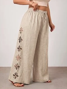 Enliva Plus Size Women's Solid Color Hollow Out Long Pants, Casual Vacation Style, Apricot, Winter/Spring - Apricot - View 3