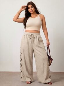 Enliva Plus Size Women's Solid Color Hollow Out Long Pants, Casual Vacation Style, Apricot, Winter/Spring - Apricot - View 6