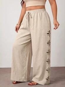 Enliva Plus Size Women's Solid Color Hollow Out Long Pants, Casual Vacation Style, Apricot, Winter/Spring - Apricot - View 5