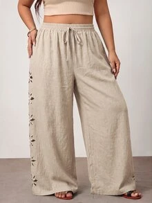 Enliva Plus Size Women's Solid Color Hollow Out Long Pants, Casual Vacation Style, Apricot, Winter/Spring - Apricot - View 4